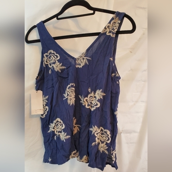 Melrose Market Size XS Blue and Creme Embroidered Sleeveless Blouse Floral - Picture 4 of 5